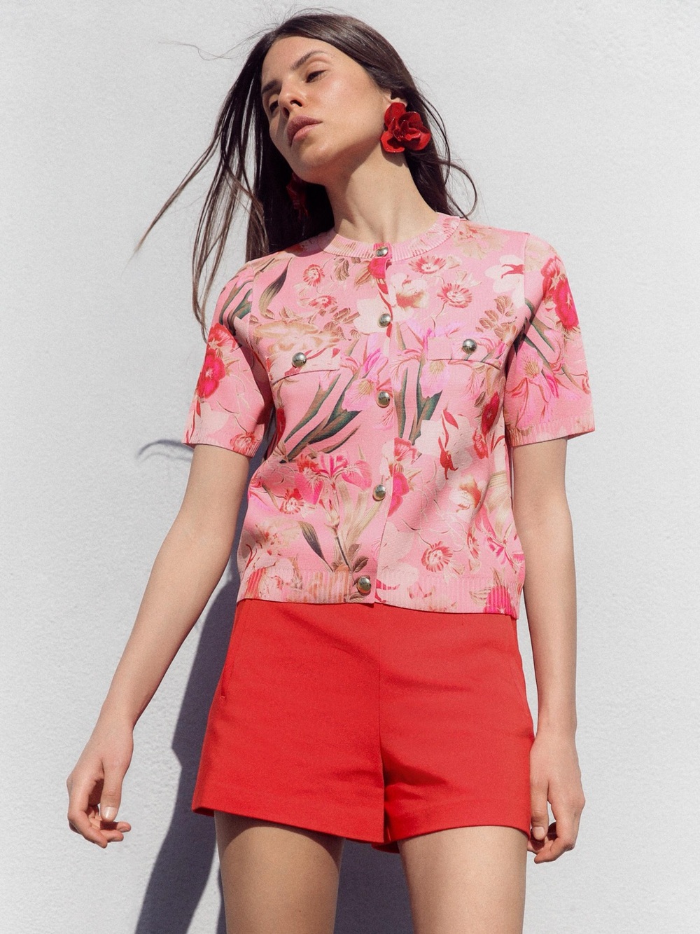 Zara Pink Floral Knit Button Top